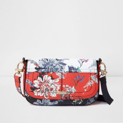 Red floral print satchel bag